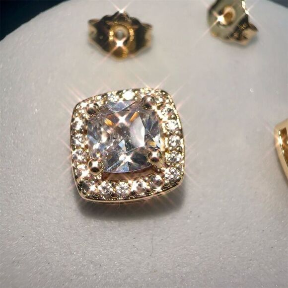 Fashion Jewelry Gold Plated Cushion Cut CZ Stud Earrings Screw Back - Picture 10 of 11